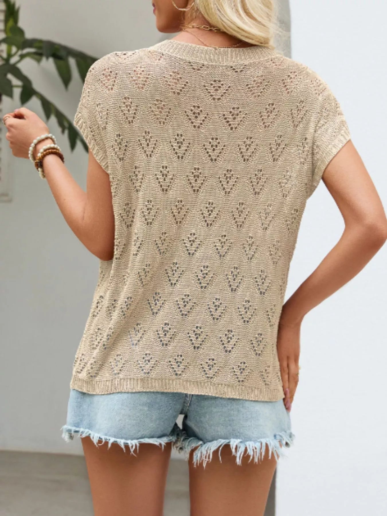 Openwork Short Sleeve Knit Top 