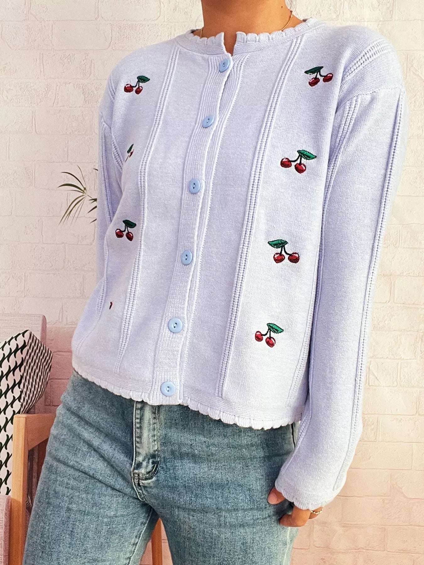 Cherry Embroidered Button Up Cardigan 