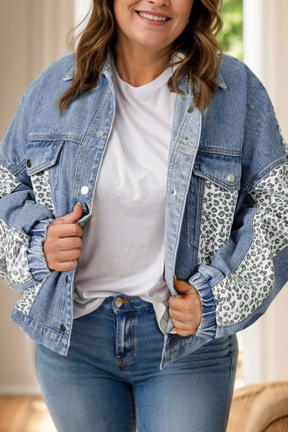 Plus Size Leopard Long Sleeve Denim Jacket 