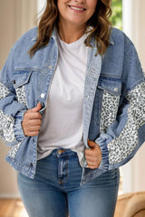 Plus Size Leopard Long Sleeve Denim Jacket 