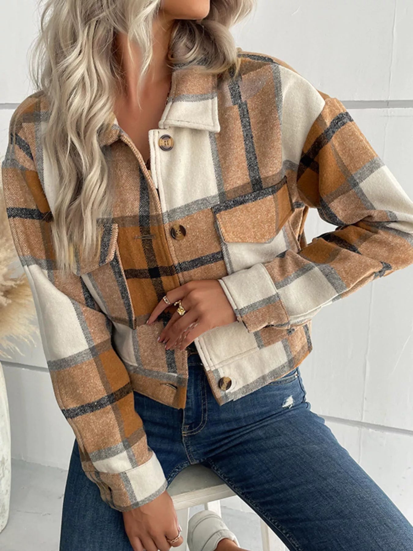 Plaid Button-Down Crop Jacket 