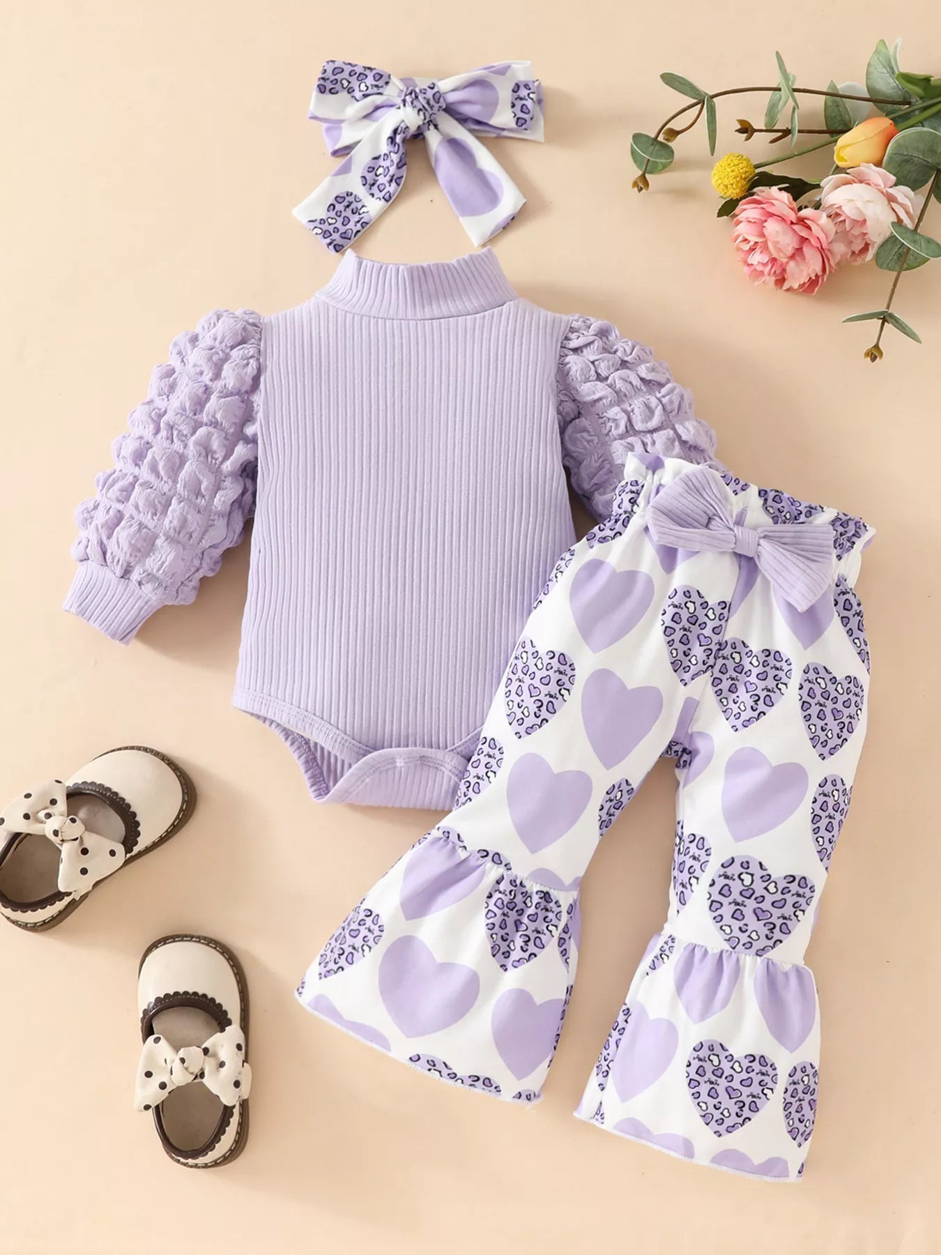 Children's Bubble Texture Long Sleeve Top and Pants Set with Headband 