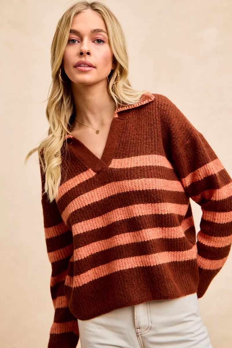 BiBi Striped Sweater Top with Collar Stitched Details 