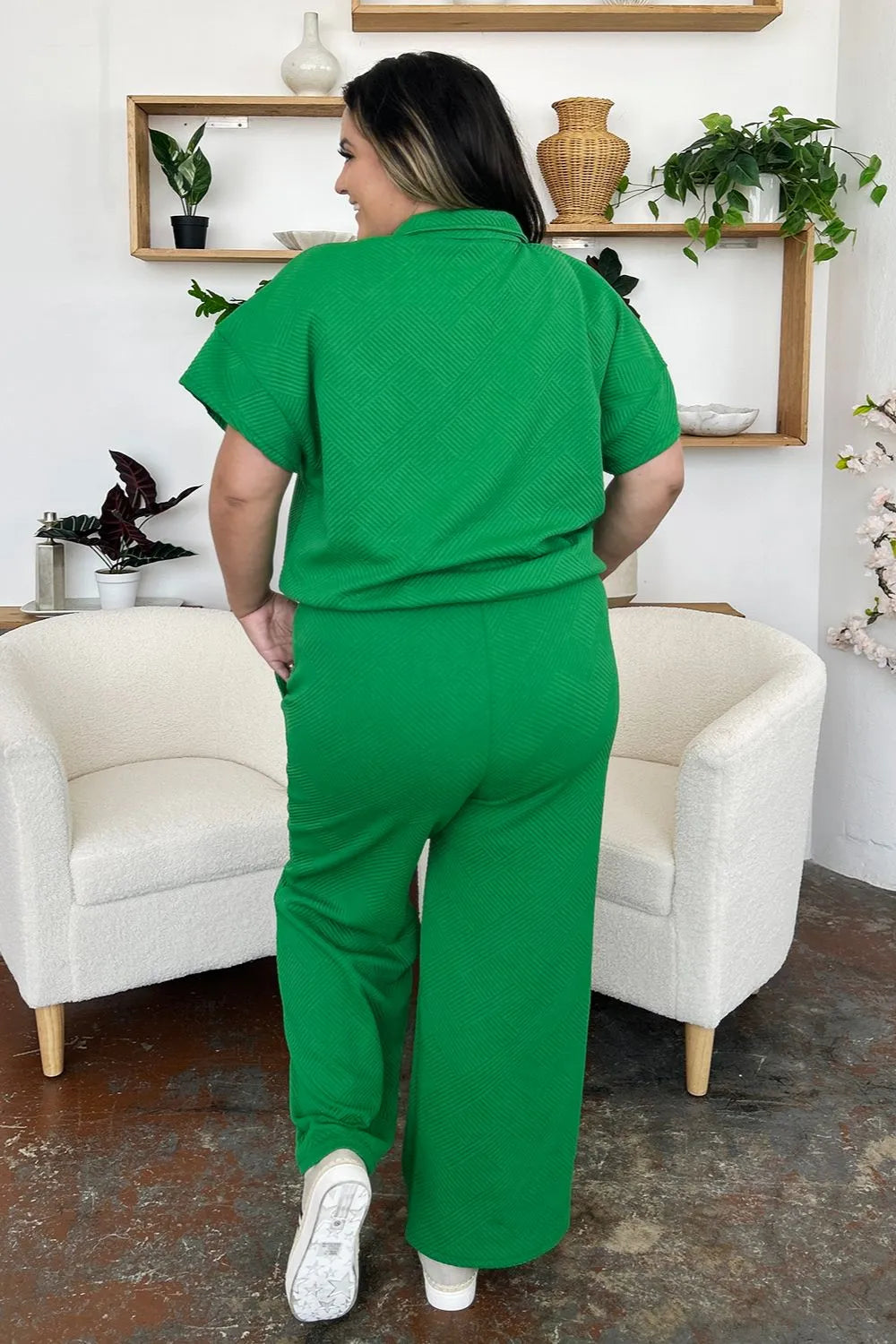 Double Take Full Size Texture Half Zip Short Sleeve Top and Pants Set 