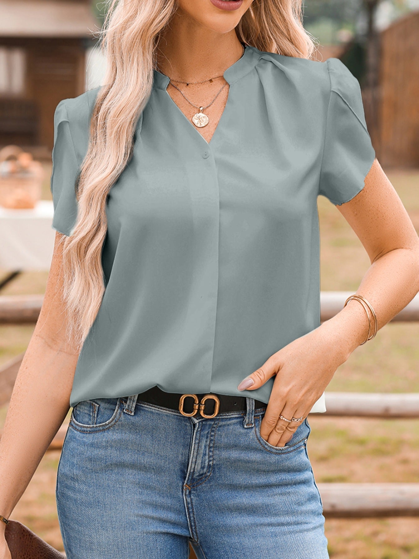 Notched Neckline Petal Sleeve Blouse 