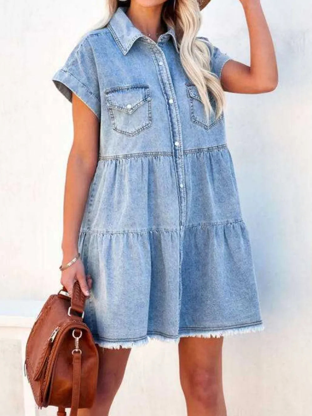 Raw Hem Short Sleeve Denim Dress 