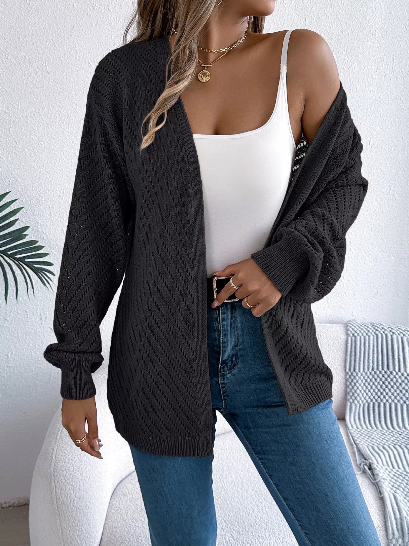 Openwork Open-Front Long Sleeve Cardigan 