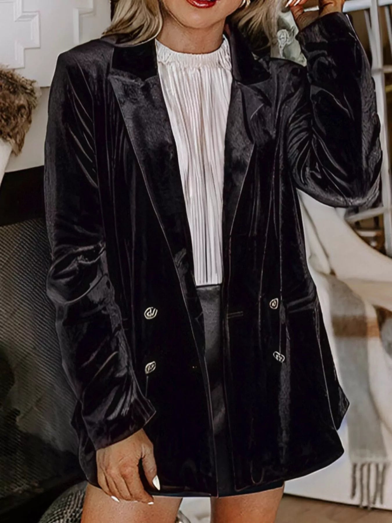 Velvet Lapel Collar Button Up Blazer 