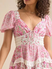 Floral Puff Sleeve Tiered Mini Dress 