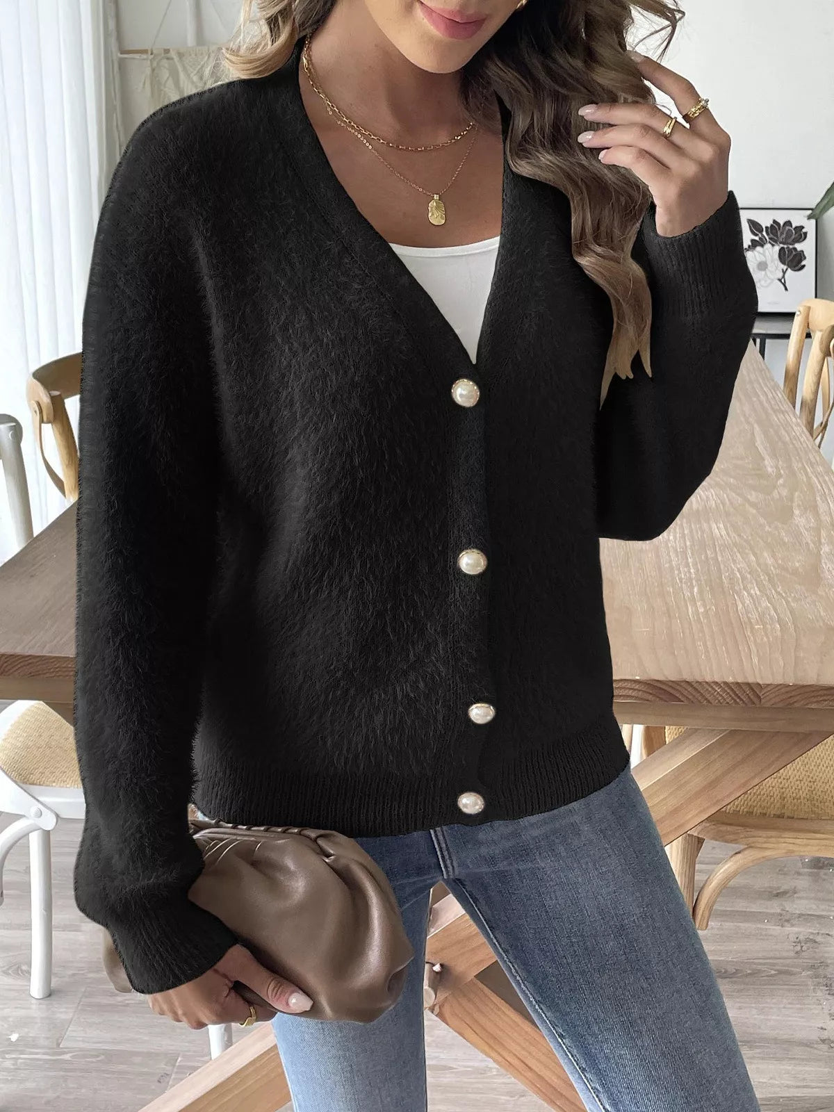 Fuzzy Knit V-Neck Cardigan 