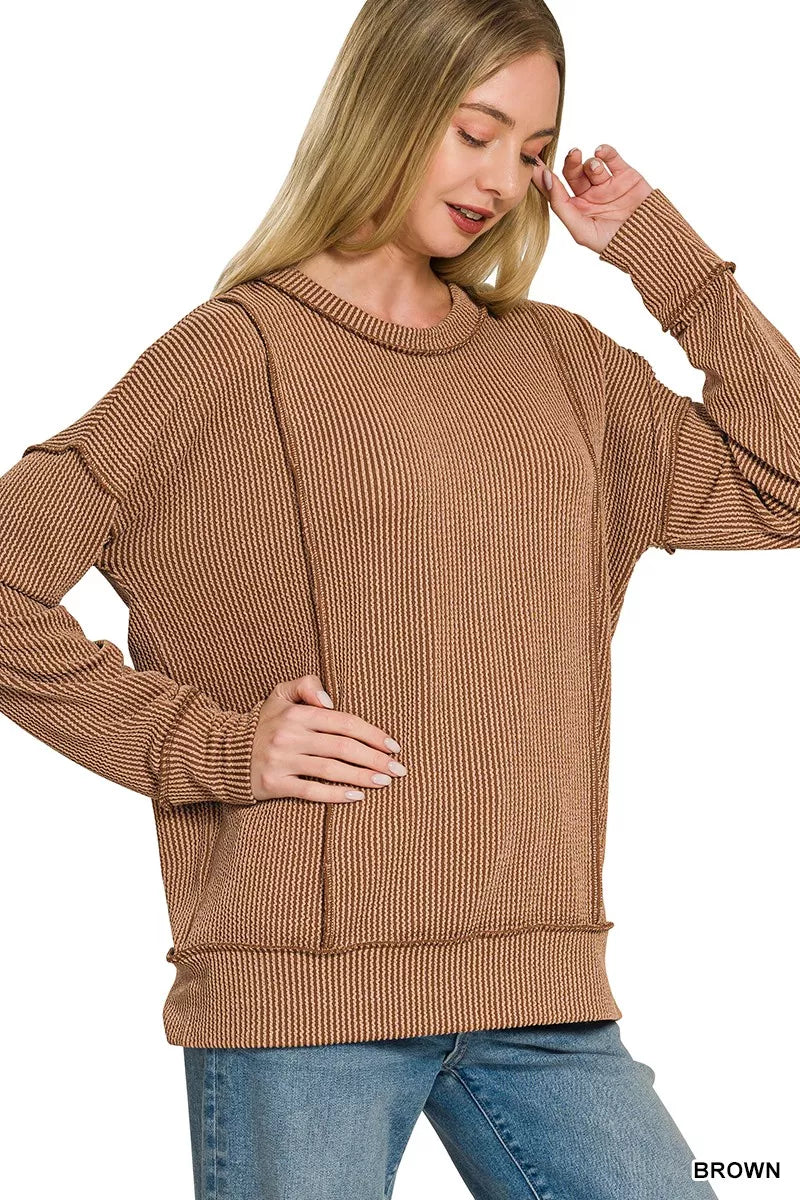 Zenana Corded Rib Long Sleeve Round Neck Top 