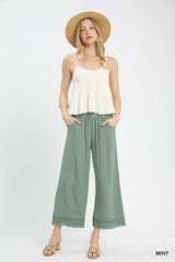 Umgee Linen Wide Leg Cropped Pants with Lace Trim 
