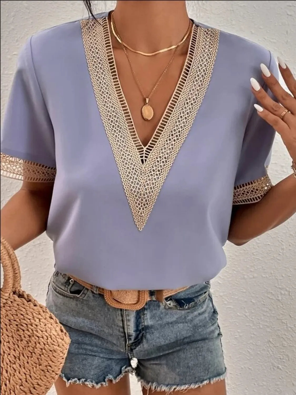 Full Size Contrast V-Neck Short Sleeve Blouse Plus Size 