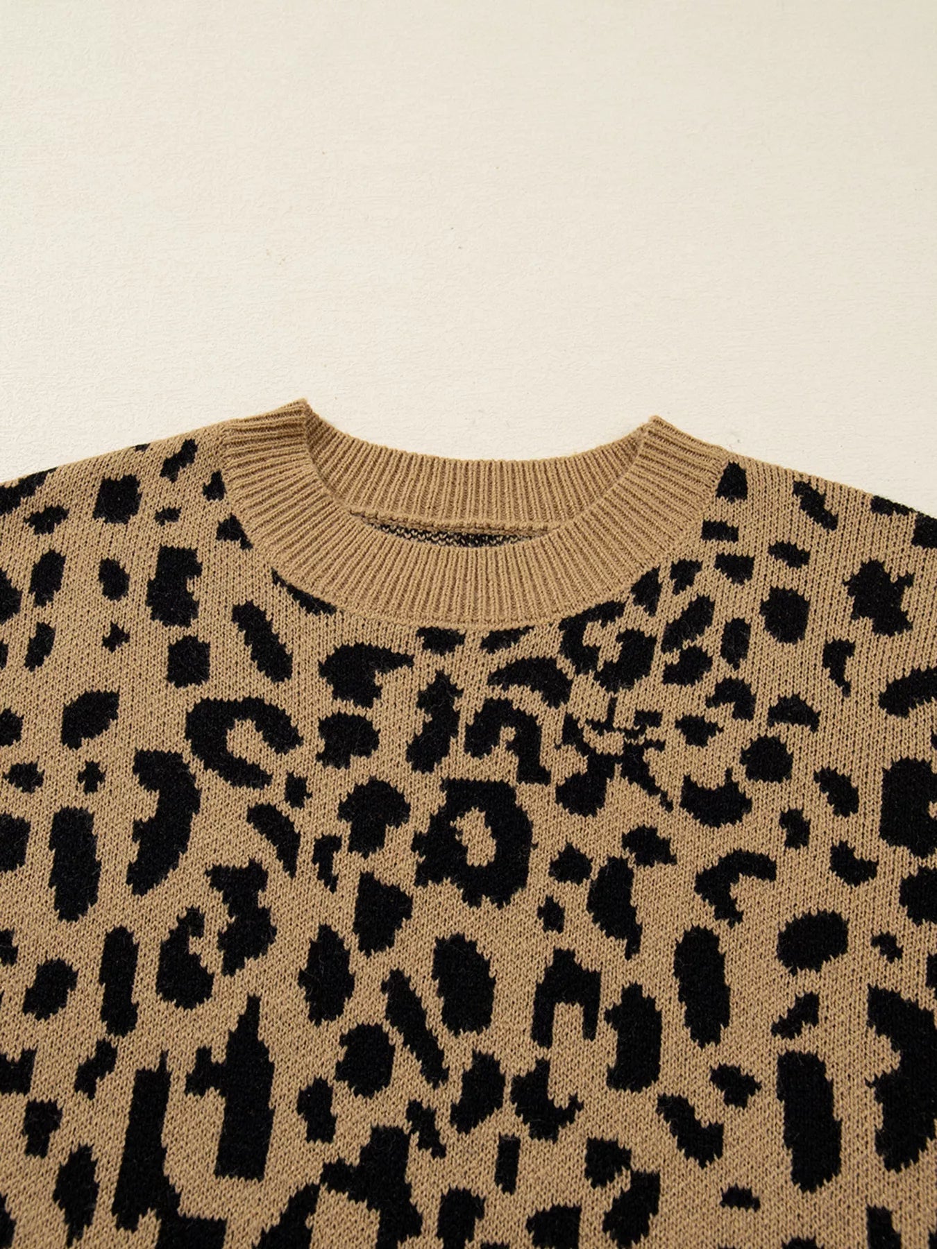 Ribbed Trim Round Neck Leopard Drop Shoulder Sweater 