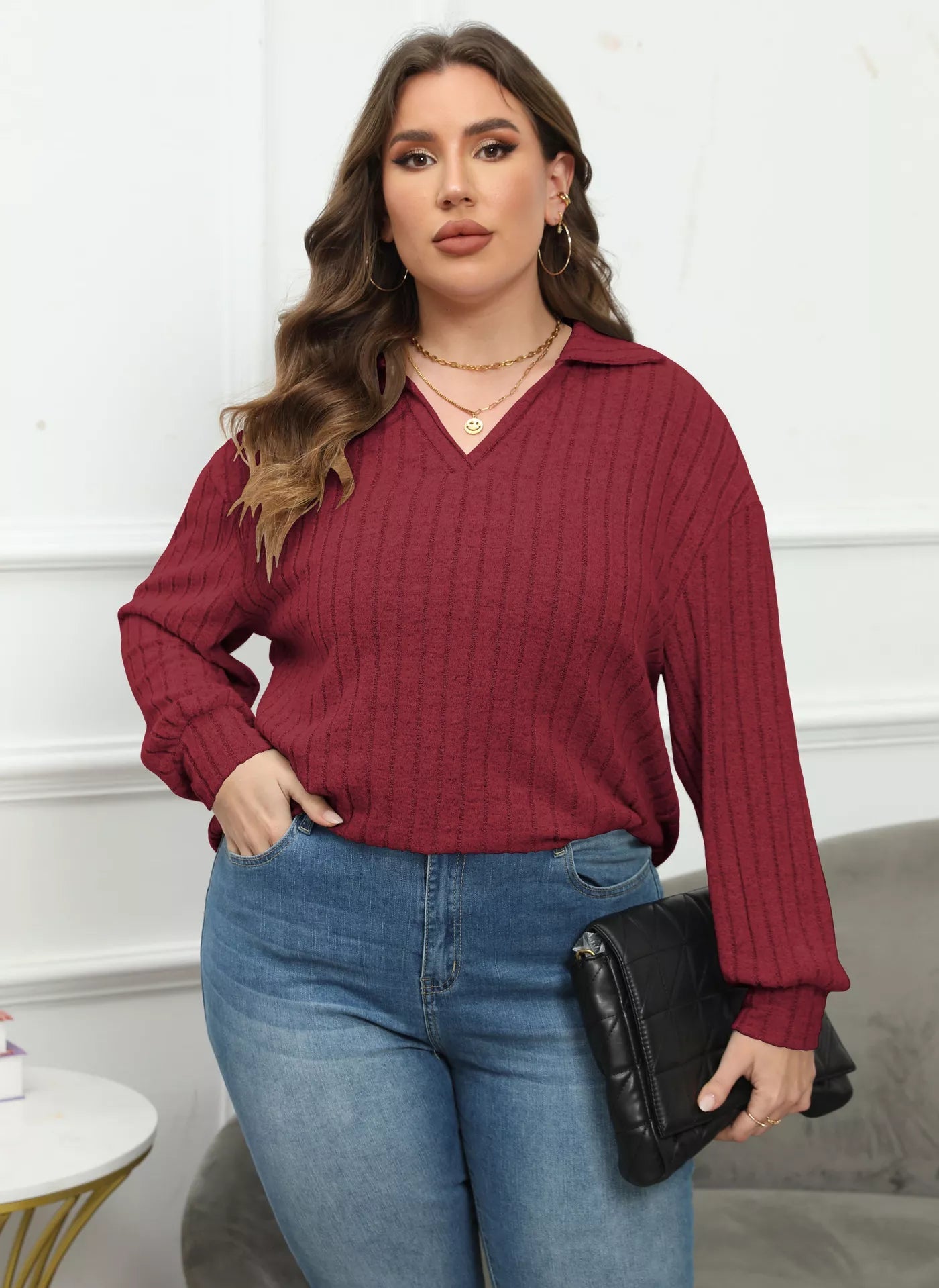 Plus Size Ribbed Knit Polo Collar T-Shirt 