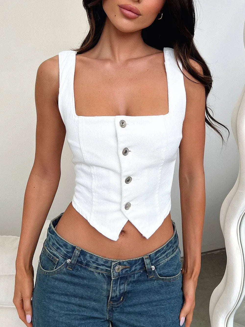 Smocked Square Neck Denim Top 