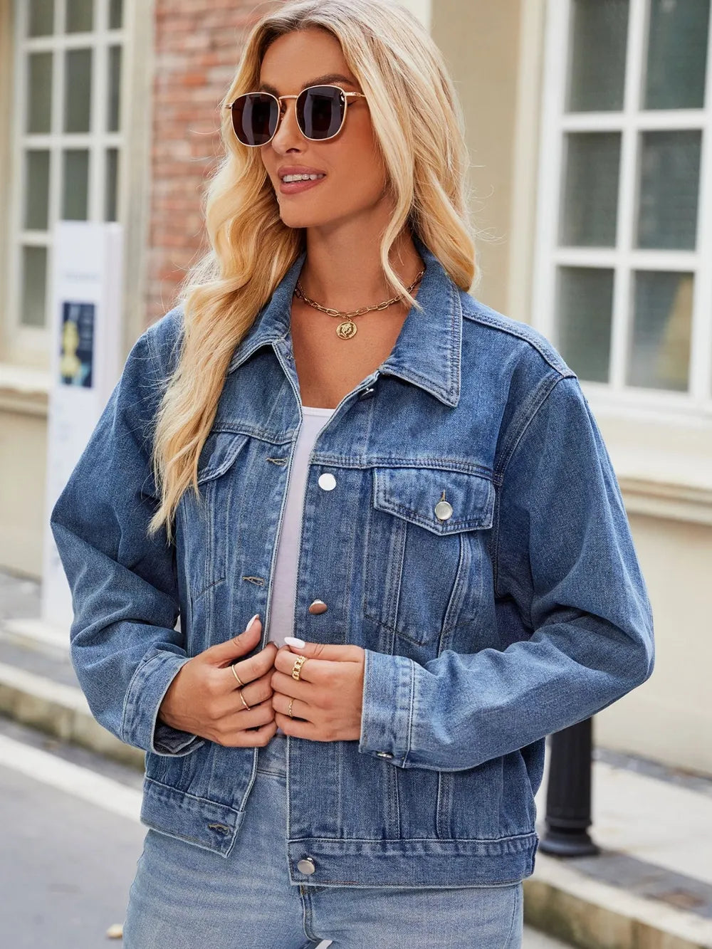Pocketed Collared Neck Denim Jacket 