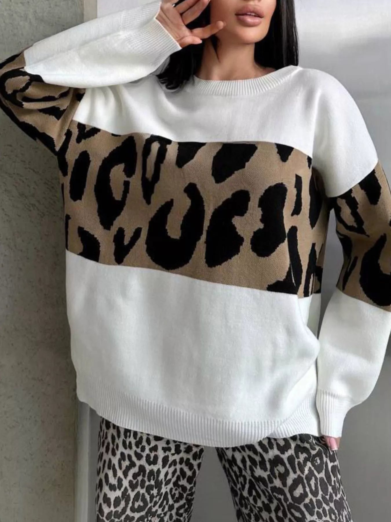 Leopard Color Block Round Neck Sweater 