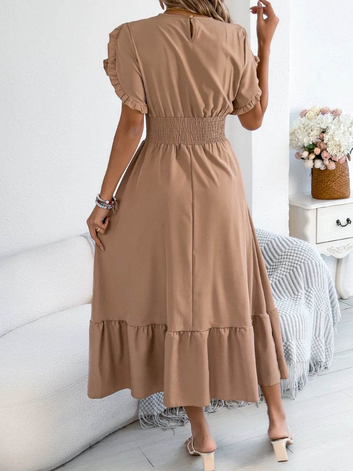 Smocked Frill Round Neck Midi Dress 