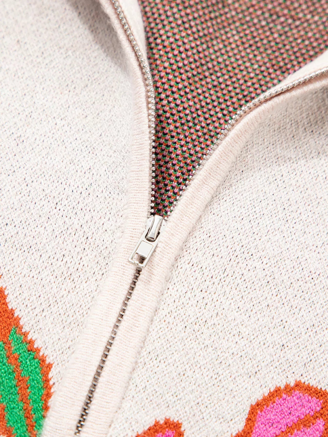 Floral Pattern Knit Quarter Zip Stand Neck Sweater 