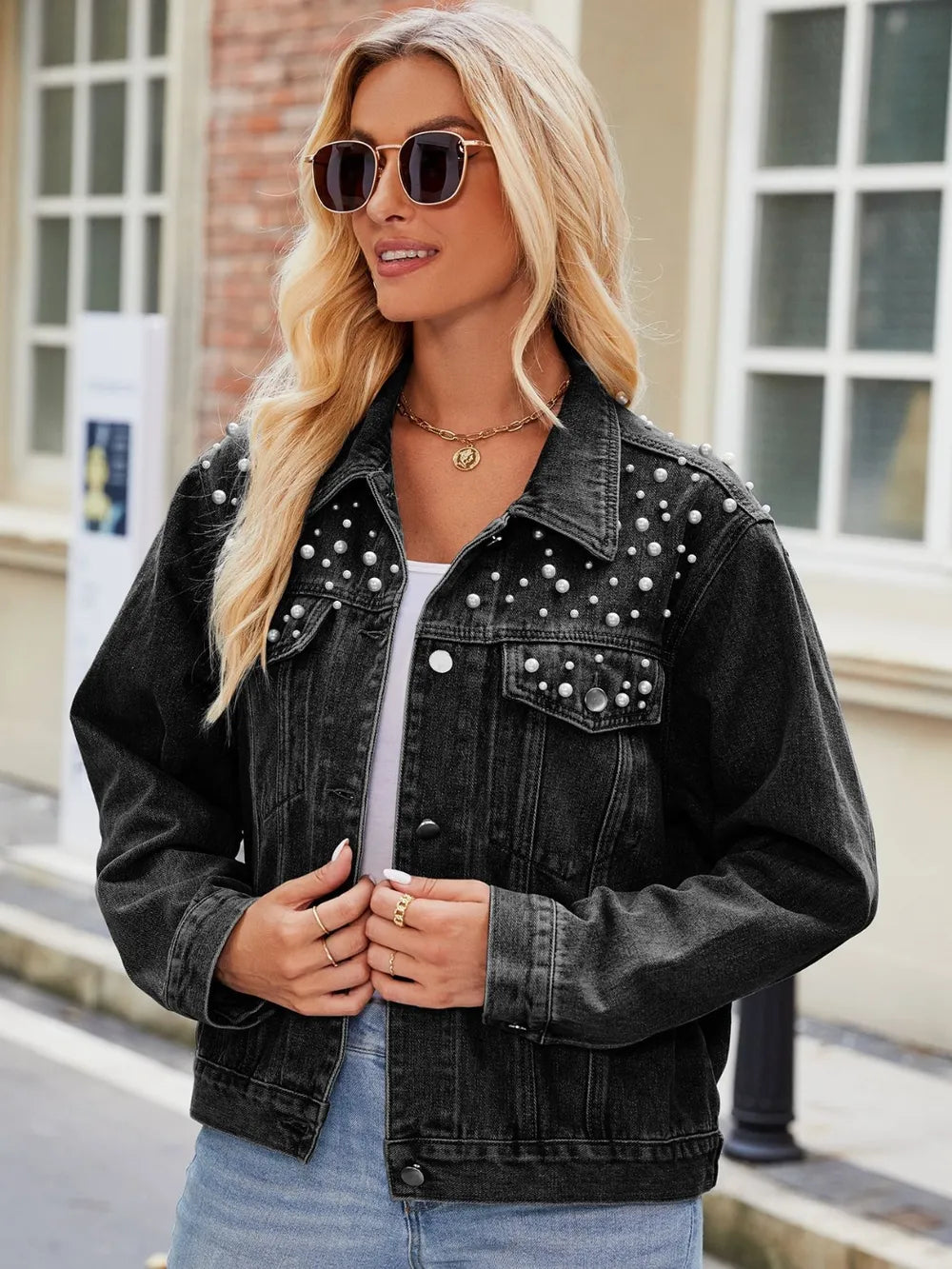 Pearl Detail Collared Neck Long Sleeve Denim Jacket 