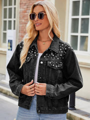 Pearl Detail Collared Neck Long Sleeve Denim Jacket 