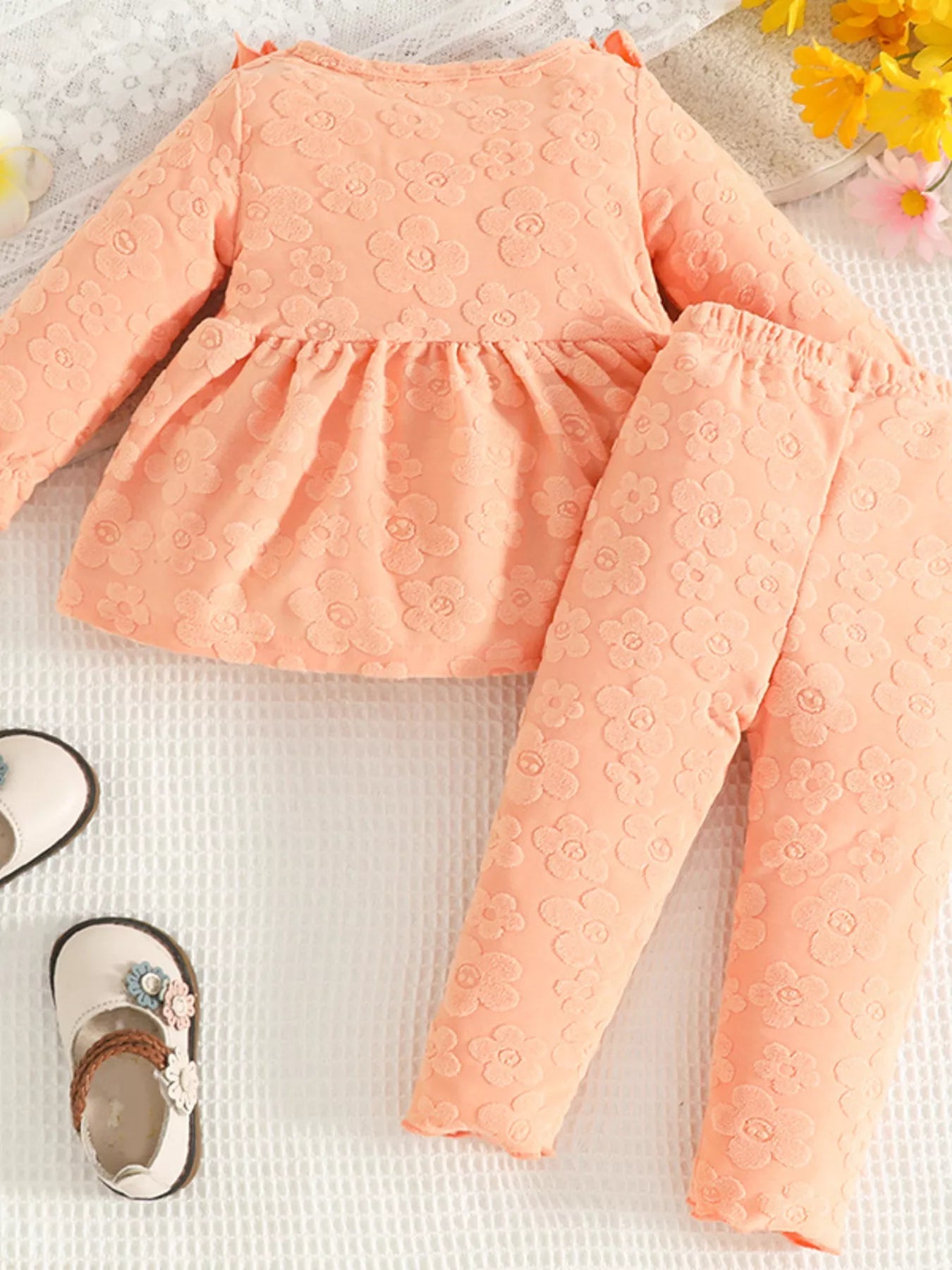 Children's Floral Embossed Ruffle Trim Top and Pants Set 