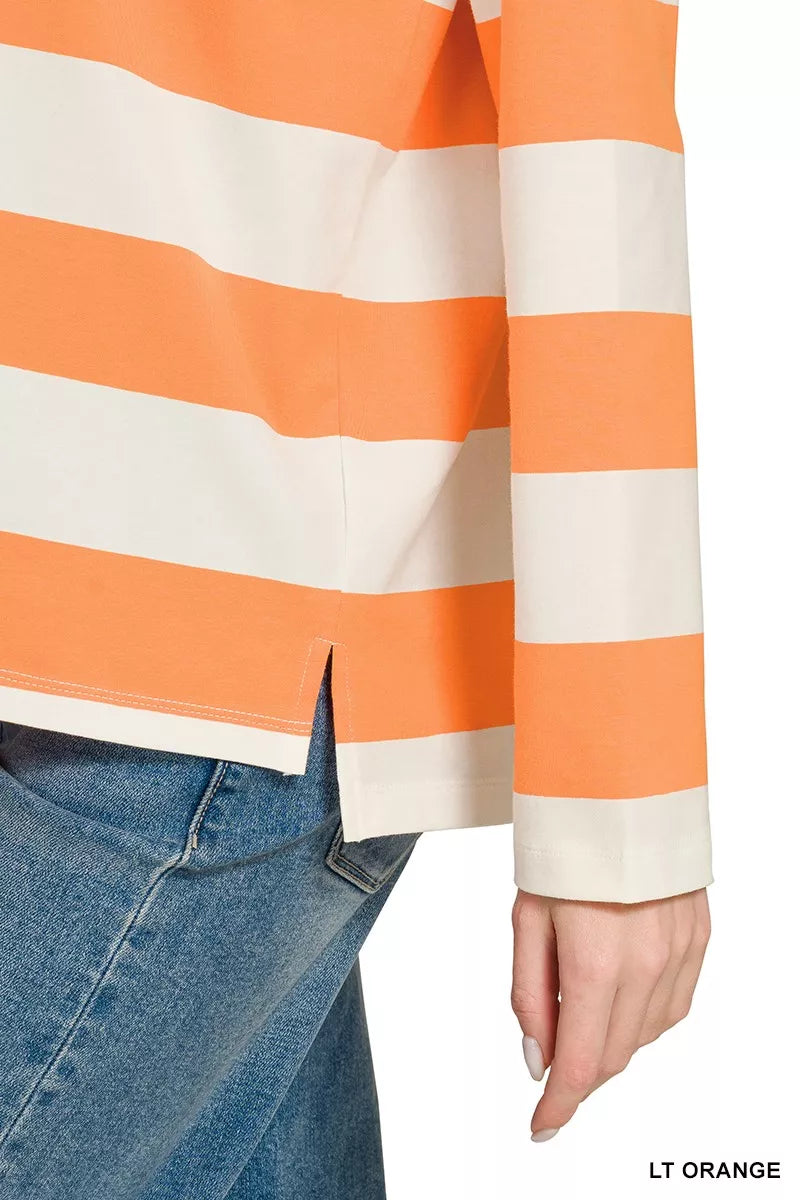 Zenana Striped Contrast Collar Polo Top 