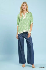 Umgee Geometric Leaf Print Popover Top 