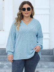 Plus Size Ribbed V-Neck Long Sleeve Top 
