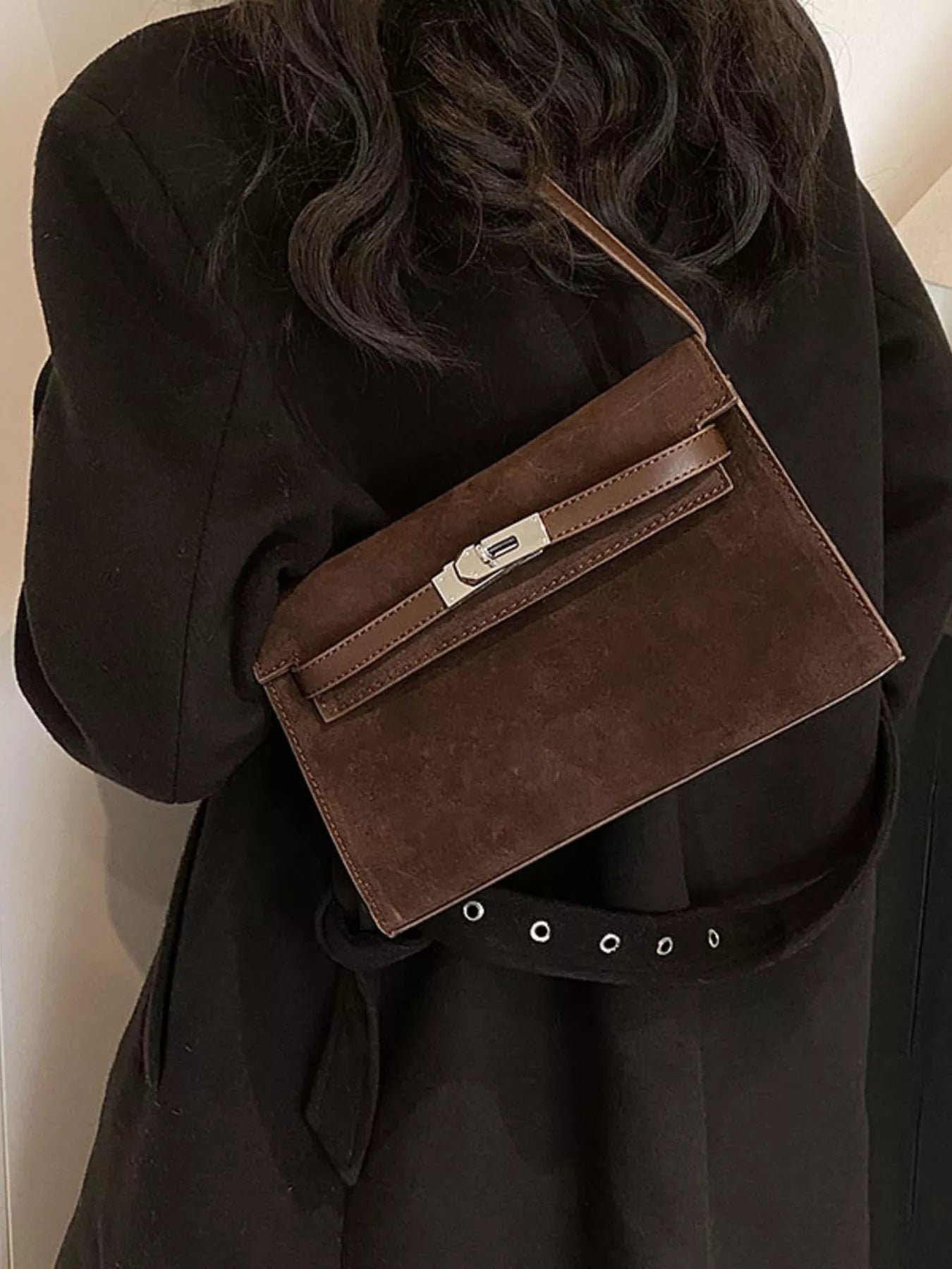 Solid Color Buckle Shoulder Bag 