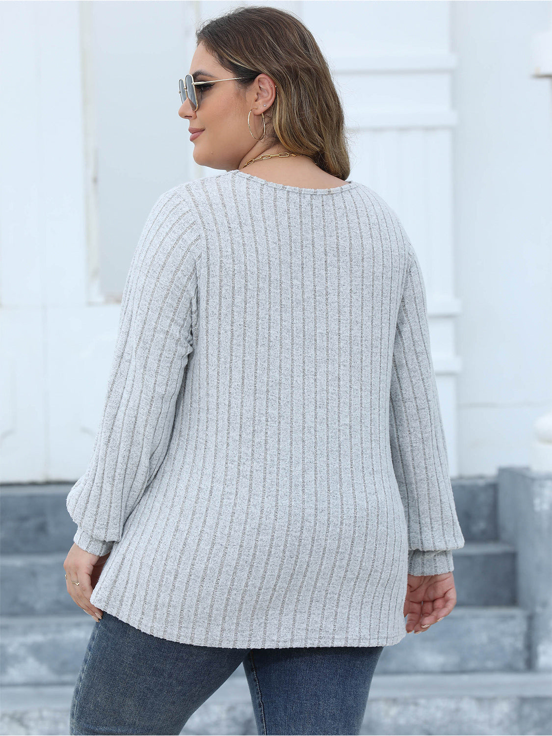 Plus Size Ribbed V-Neck Long Sleeve Top 
