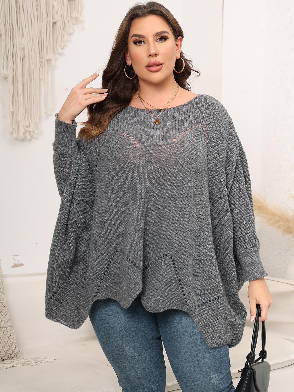 Plus Size Round Neck Batwing Sleeve Sweater 