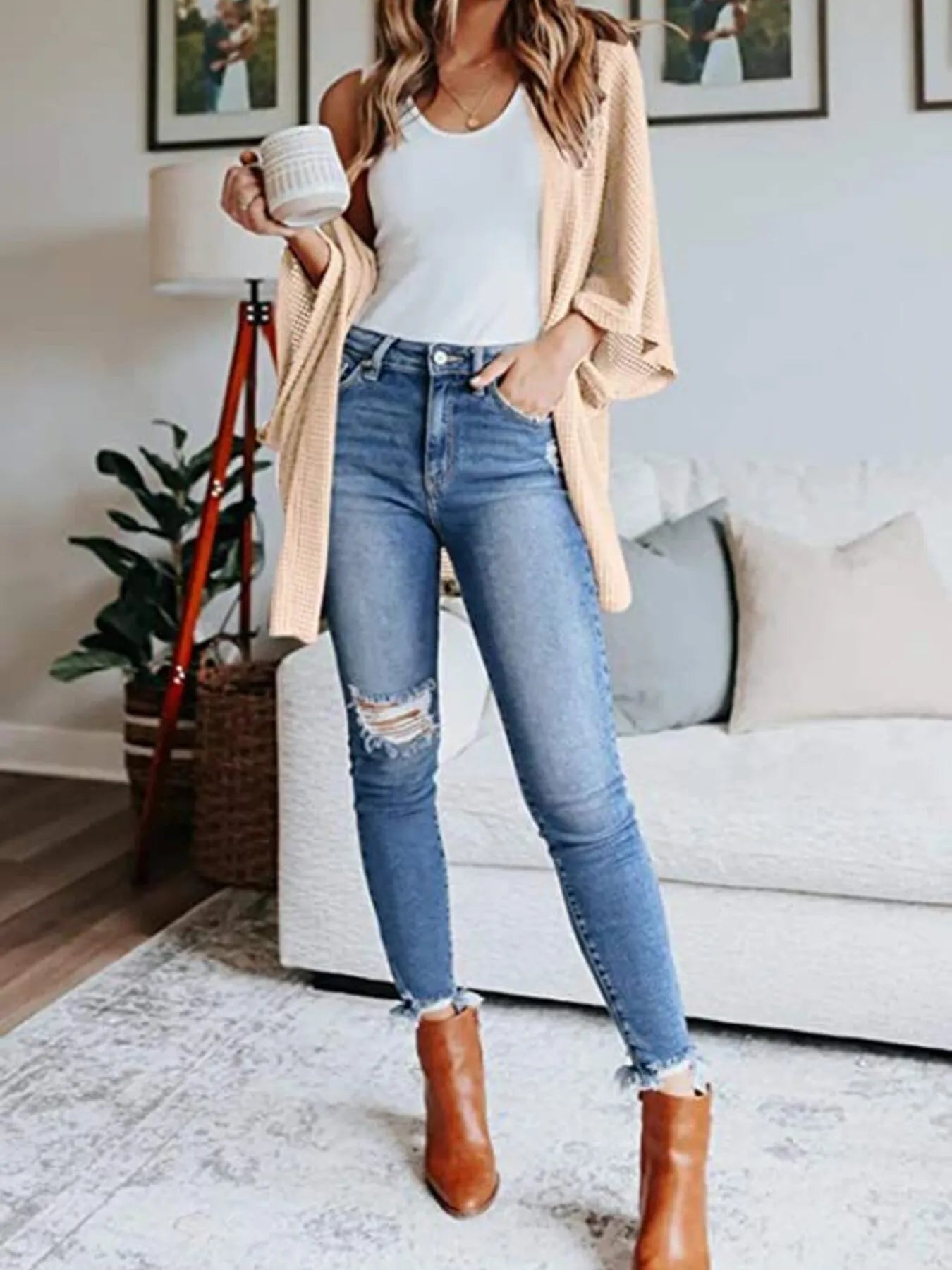 Full Size Open Front Waffle Knit Cardigan Plus Size 
