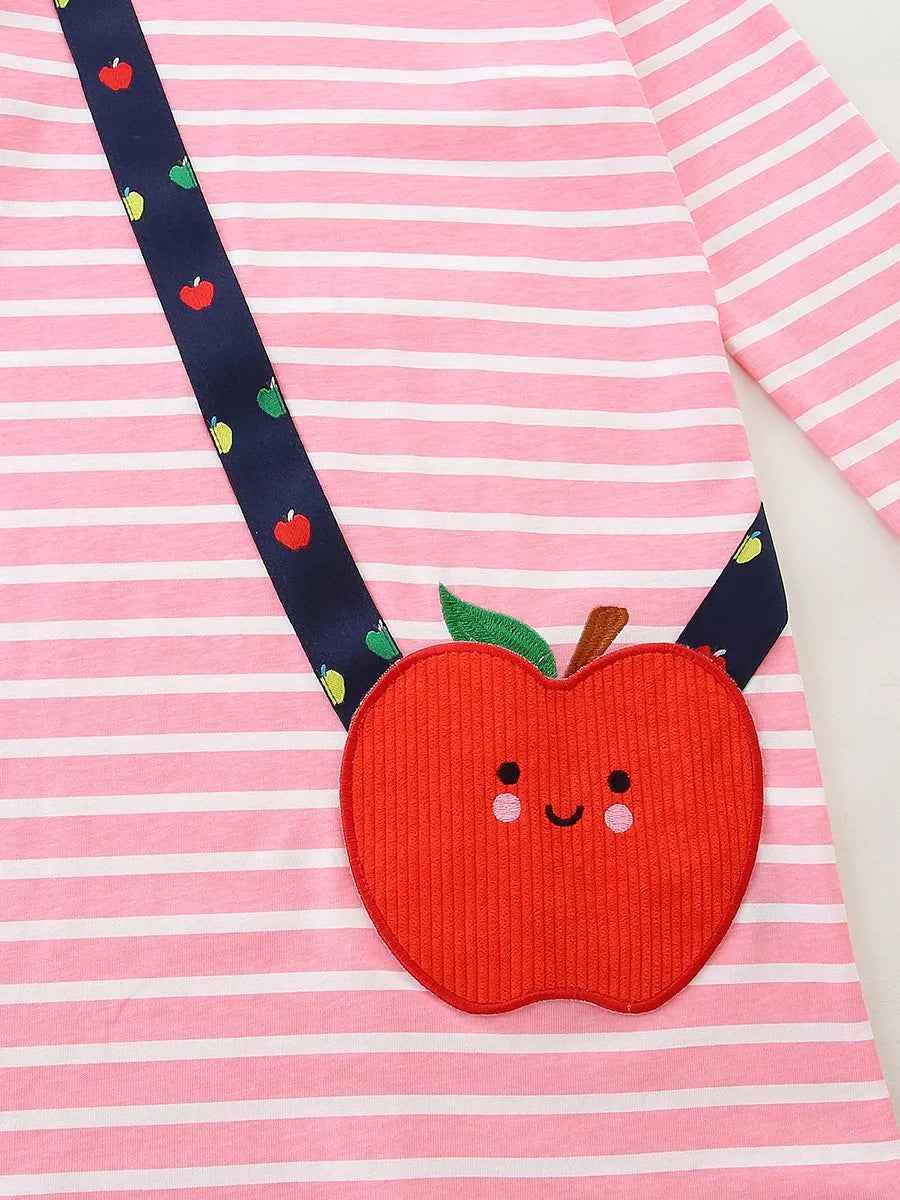 Children's Apple Applique Striped Long Sleeve Dress 
