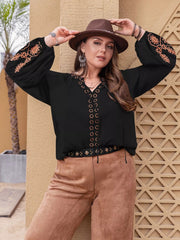Plus Size Boho Embroidered Long Sleeve Blouse 