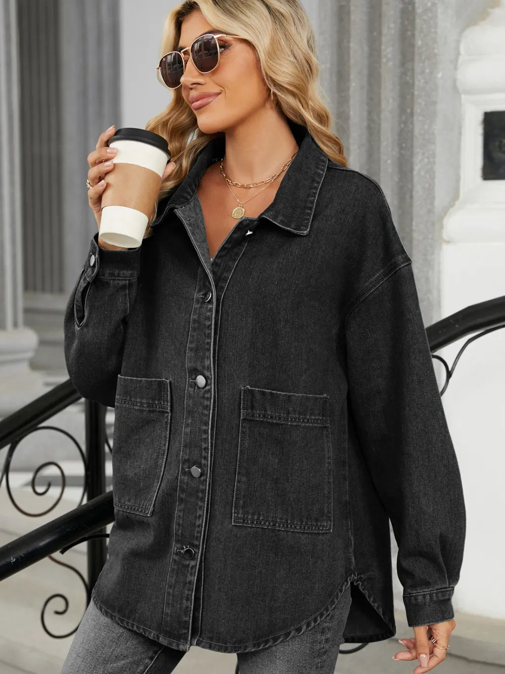 Removable Hood Button Up Long Sleeve Denim Jacket 
