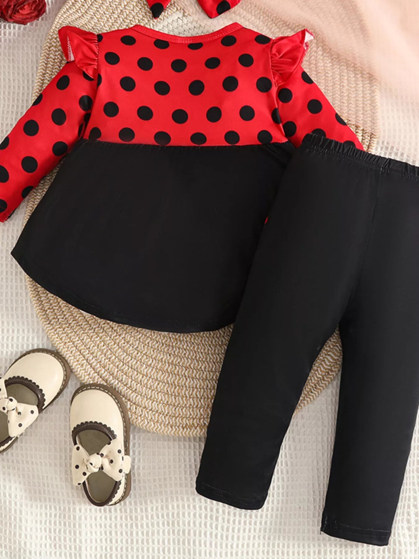 Children's Ladybug Print Ruffle Trim Top and Pants Set 