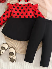 Children's Ladybug Print Ruffle Trim Top and Pants Set 