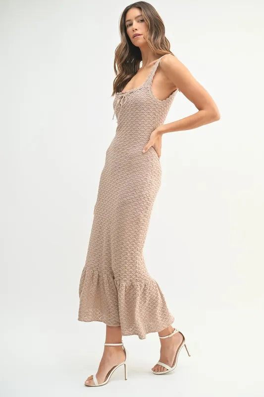MABLE Ruffled Hem Sleeveless Crochet Knit Midi Dress 