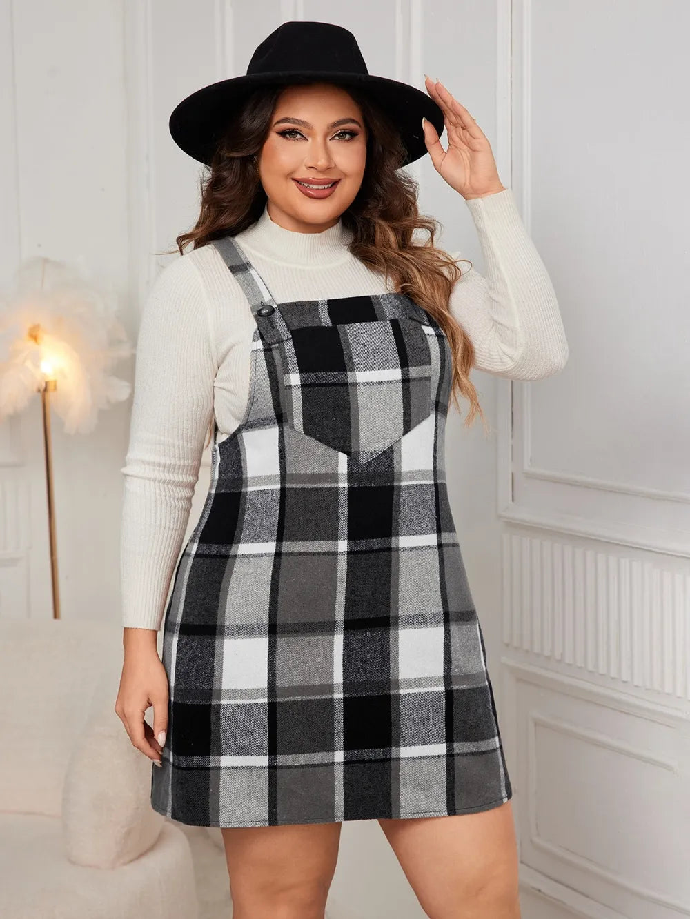 Honey Plus Size Plaid Wide Strap Overall Dress 