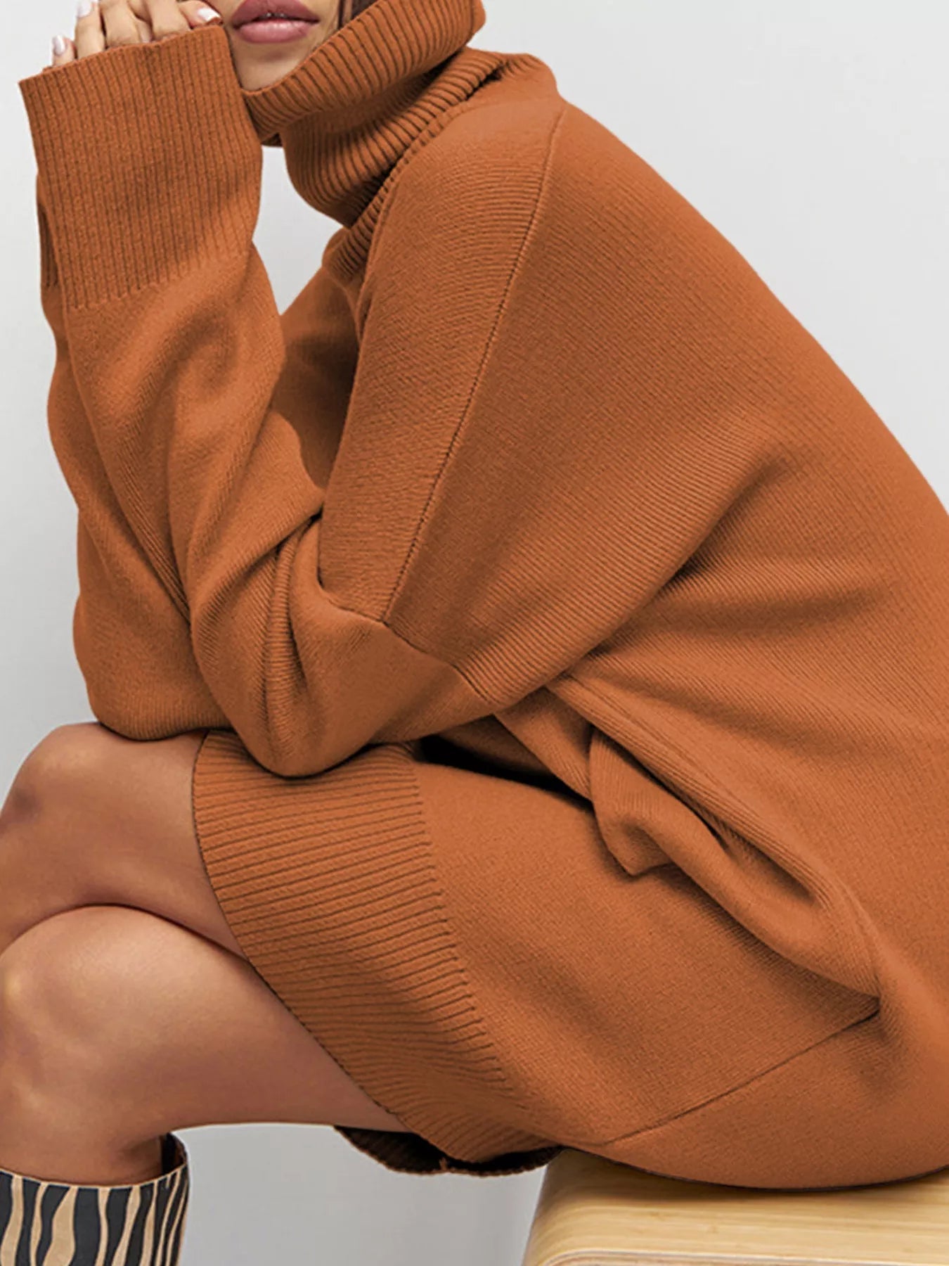 Solid Color Turtleneck Drop Shoulder Loose Sweater Dress 