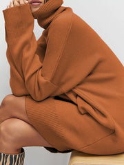 Solid Color Turtleneck Drop Shoulder Loose Sweater Dress 
