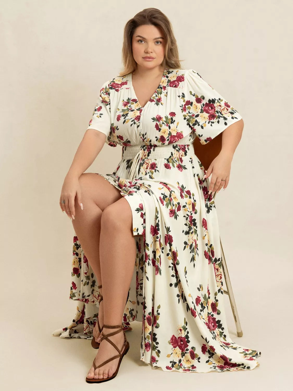 Plus Size Floral Flutter Sleeve Maxi Dress with Button Front 