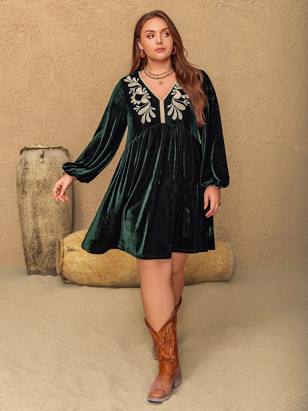 Plus Size Embroidered V-Neck Long Sleeve Dress 
