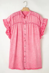 Ruffled Short Sleeve Buttoned Denim Mini Dress 