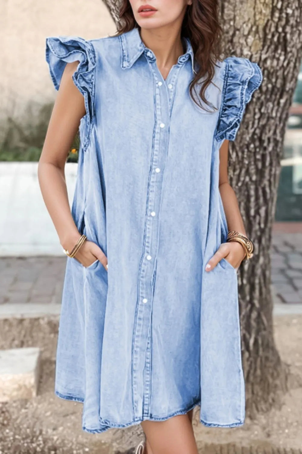 Ruffled Button Front Cap Sleeve Denim Dress 