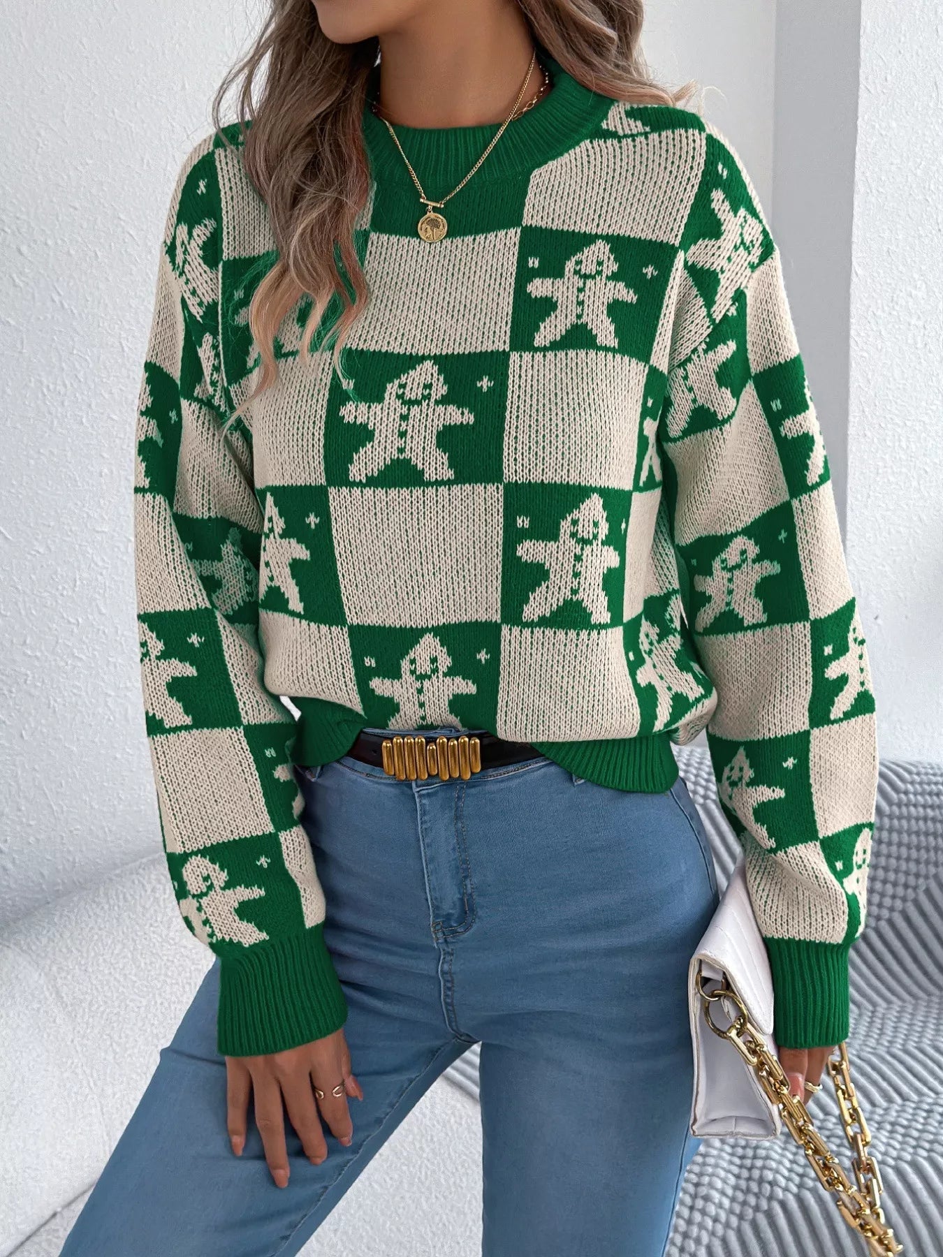 Christmas Checkerboard Gingerbread Round Neck Sweater 