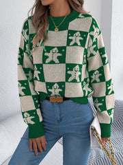 Christmas Checkerboard Gingerbread Round Neck Sweater 