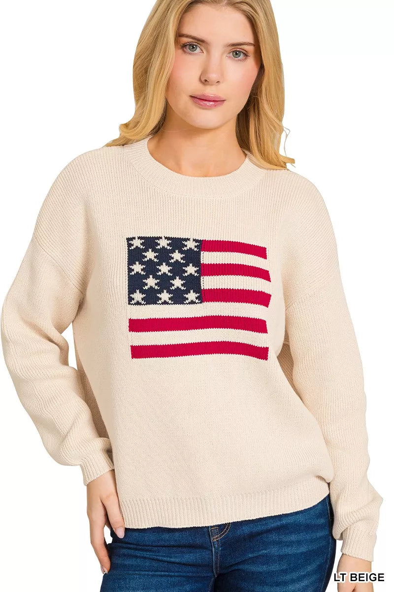 Zenana American Flag Crew Neck Sweater 